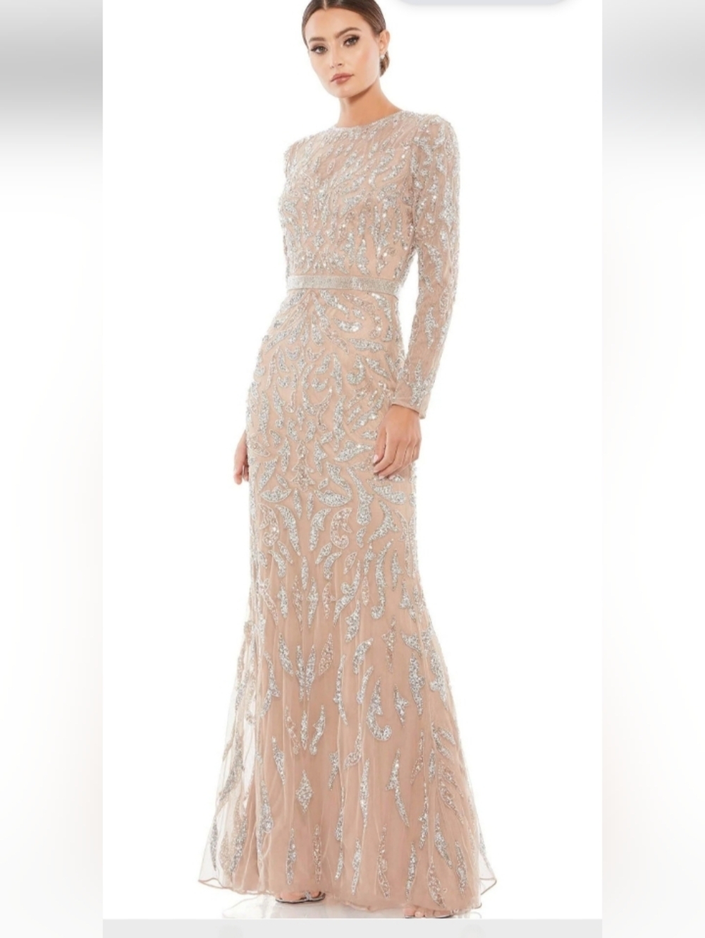 Nude Beaded Long-Sleeve Evening Gown